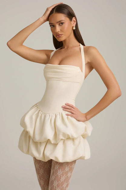 Noblessine Halterneck Layered Bubble Hem Corset Mini Dress in Ivory