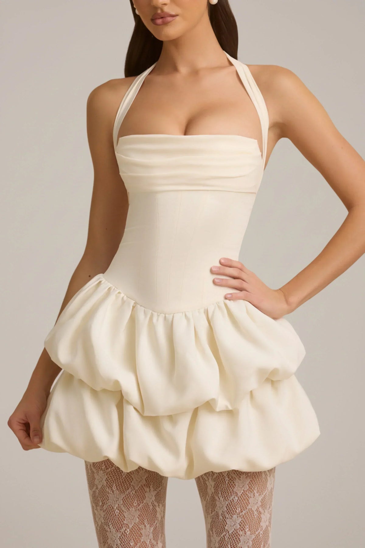 Noblessine Halterneck Layered Bubble Hem Corset Mini Dress in Ivory