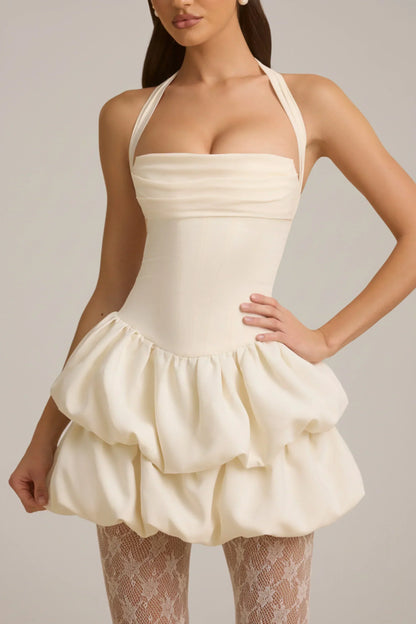 Noblessine Halterneck Layered Bubble Hem Corset Mini Dress in Ivory