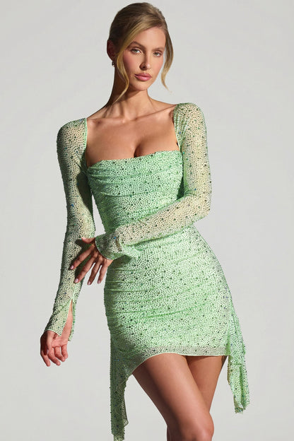 Noblessine Draped Cowl-Neck Mini Dress in Pistachio