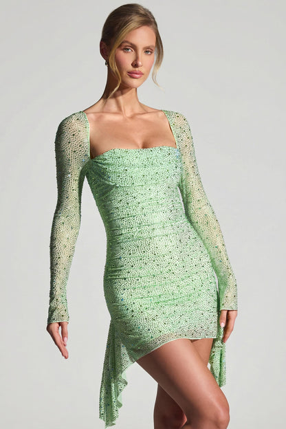 Noblessine Draped Cowl-Neck Mini Dress in Pistachio