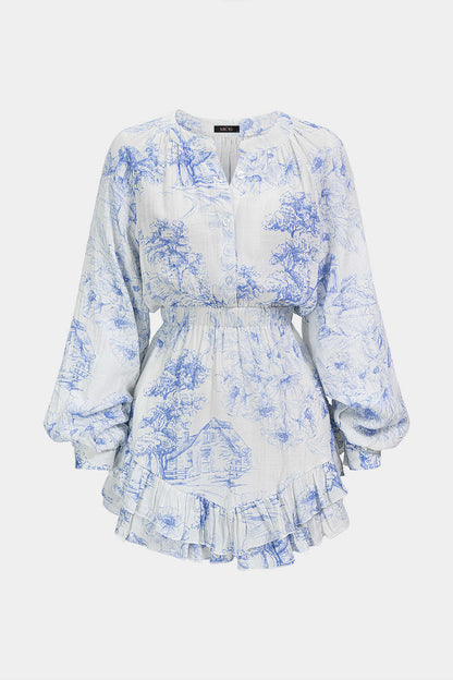 Noblessine Floral Print V-Neck Ruffle Hem Long Sleeve Mini Dress