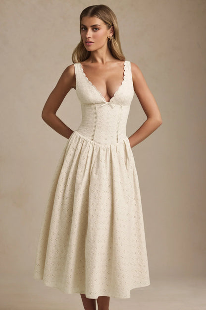 Noblessine Broderie Anglaise Bow-Detail A-Line Midaxi Dress in Ivory
