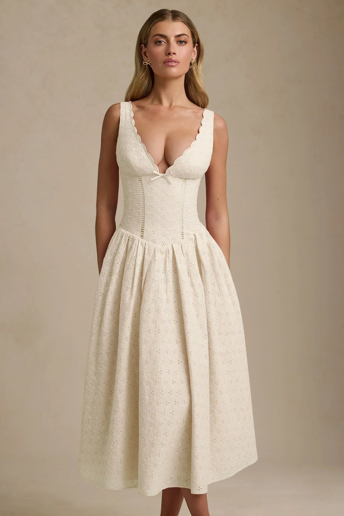 Noblessine Broderie Anglaise Bow-Detail A-Line Midaxi Dress in Ivory