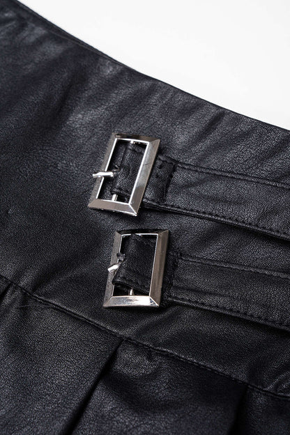 Noblessine Faux Leather Metallic Belted Mini Skirt
