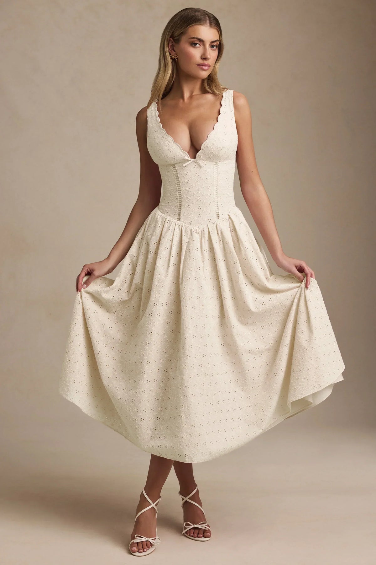 Noblessine Broderie Anglaise Bow-Detail A-Line Midaxi Dress in Ivory