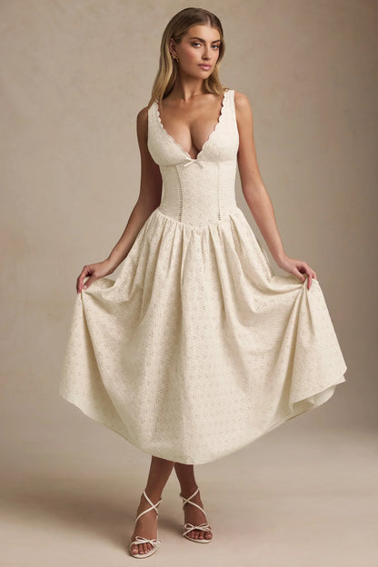 Noblessine Broderie Anglaise Bow-Detail A-Line Midaxi Dress in Ivory