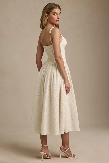 Noblessine Broderie Anglaise Bow-Detail A-Line Midaxi Dress in Ivory