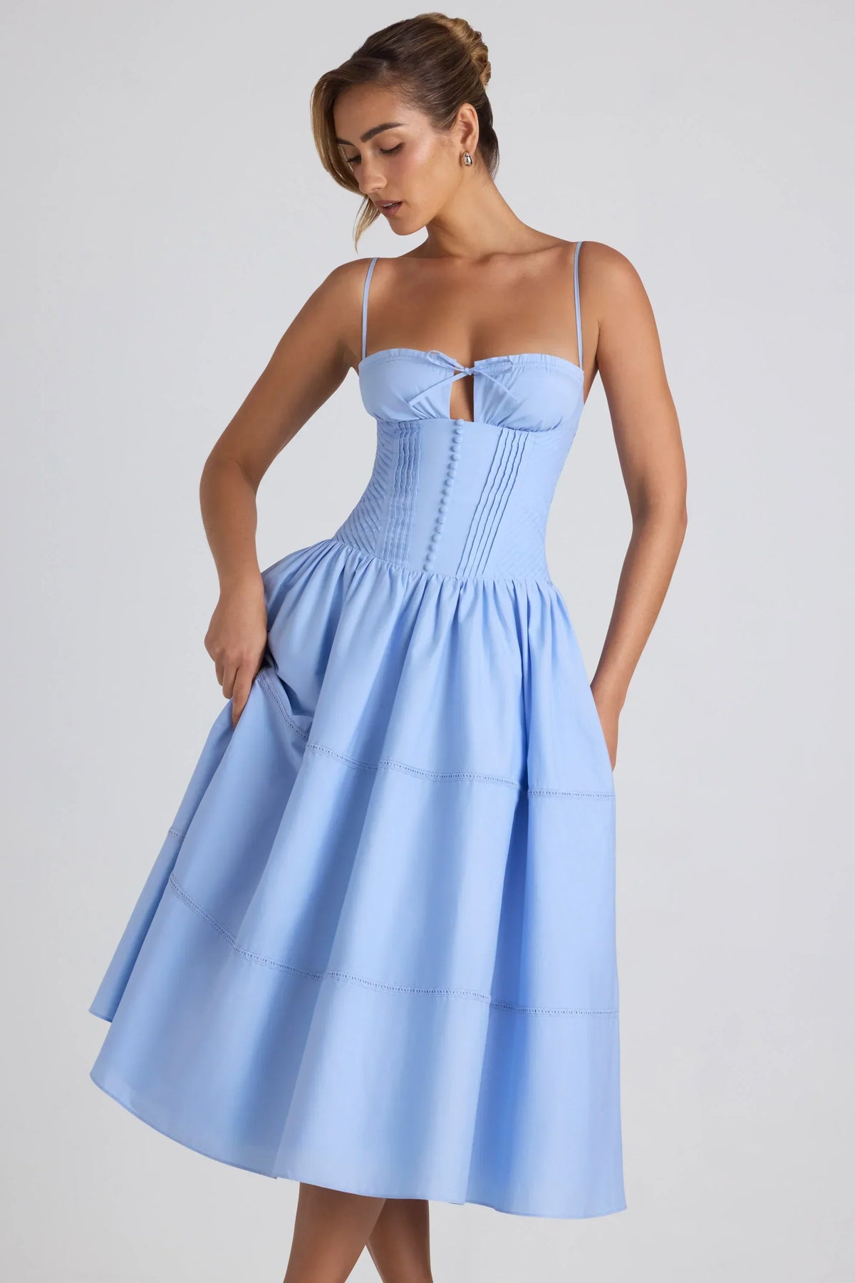 Noblessine-Lace-Trim Pintucked Poplin Midaxi Dress in Sky Blue
