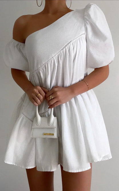 Noblessine Harleen Mini Dress - Linen Asymmetrical Trim Puff Sleeve Dress in White