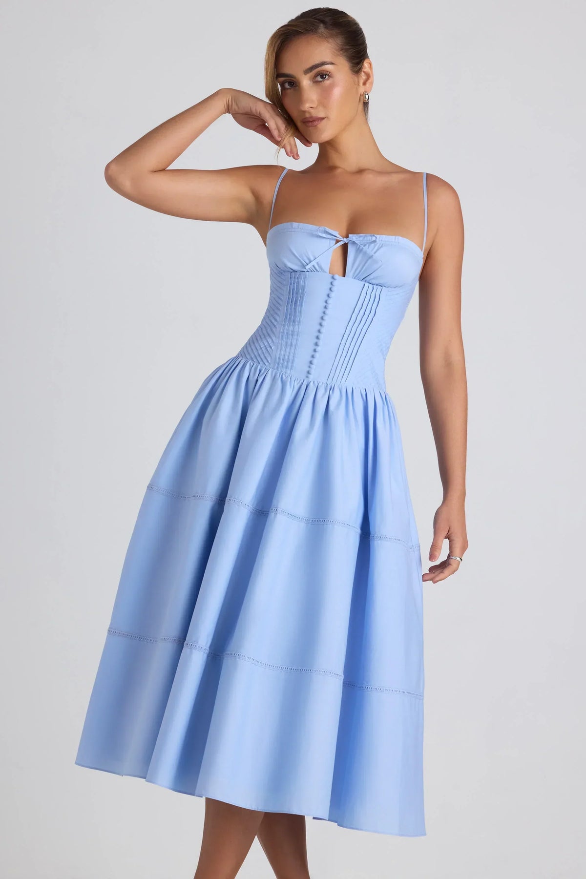 Noblessine-Lace-Trim Pintucked Poplin Midaxi Dress in Sky Blue