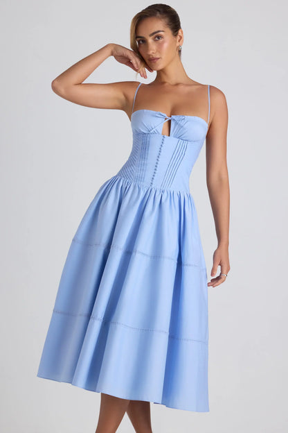 Noblessine-Lace-Trim Pintucked Poplin Midaxi Dress in Sky Blue