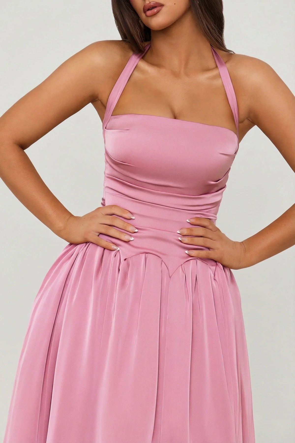 Noblessine Halterneck Lace-Up Ruched Corset Midi Dress in Mauve