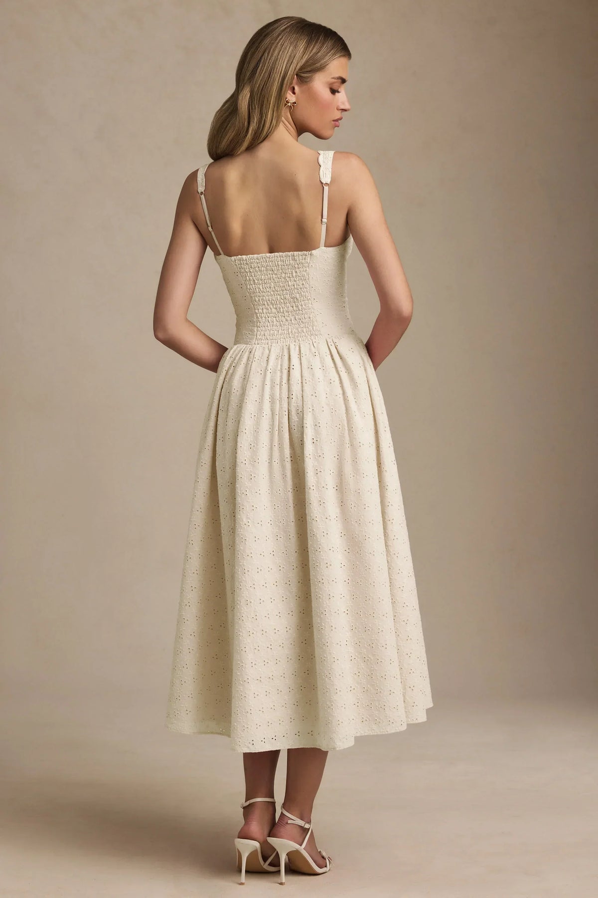 Noblessine Broderie Anglaise Bow-Detail A-Line Midaxi Dress in Ivory