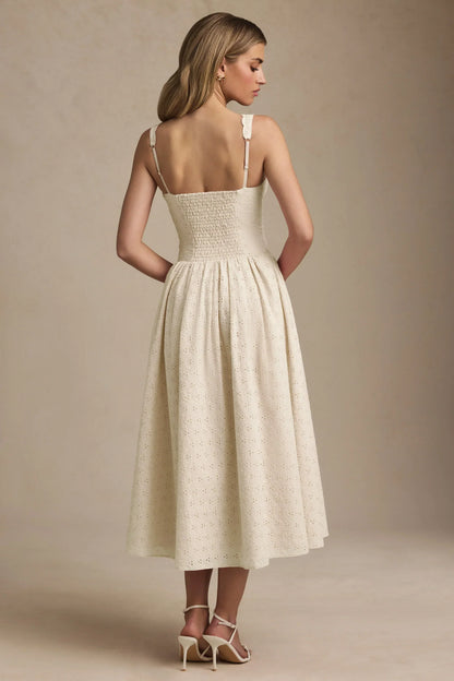 Noblessine Broderie Anglaise Bow-Detail A-Line Midaxi Dress in Ivory