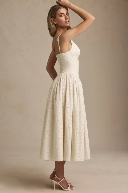Noblessine Broderie Anglaise Bow-Detail A-Line Midaxi Dress in Ivory