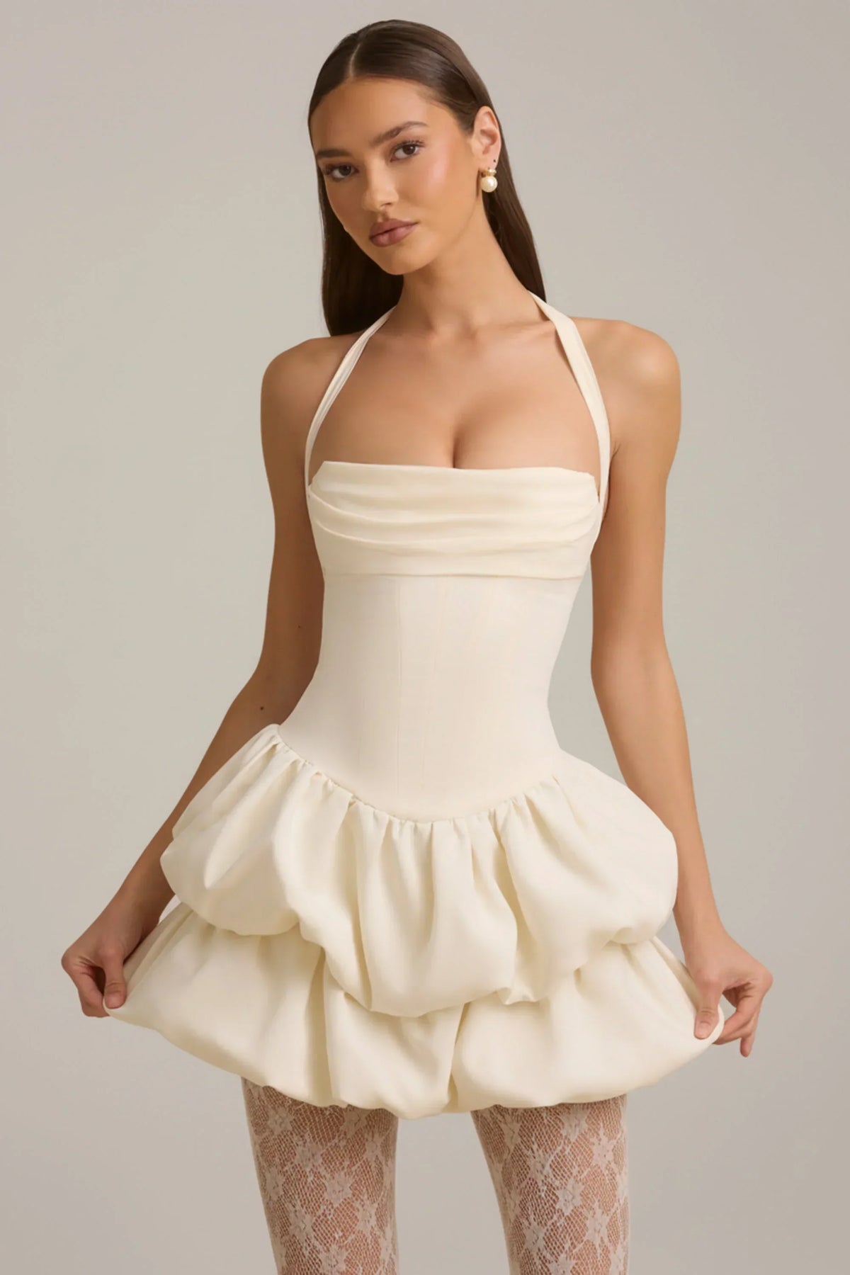 Noblessine Halterneck Layered Bubble Hem Corset Mini Dress in Ivory