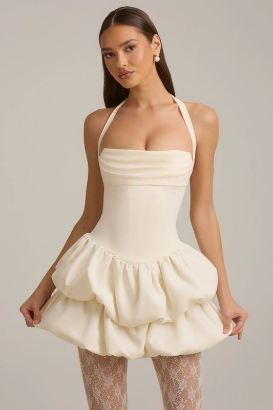 Noblessine Halterneck Layered Bubble Hem Corset Mini Dress in Ivory