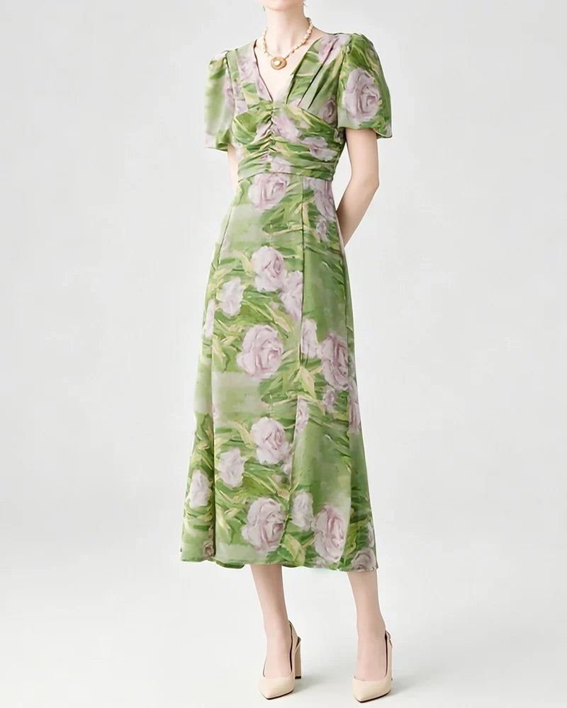 Noblessine Silk Floral V-Neck Puff Sleeve Midi Dress
