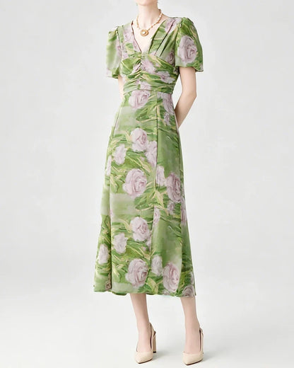 Noblessine Silk Floral V-Neck Puff Sleeve Midi Dress