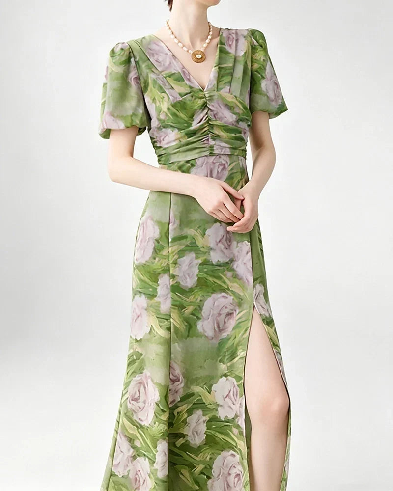 Noblessine Silk Floral V-Neck Puff Sleeve Midi Dress