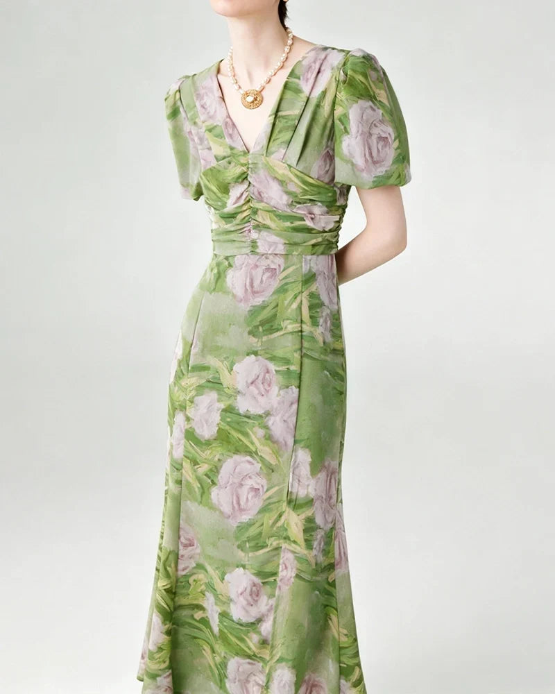 Noblessine Silk Floral V-Neck Puff Sleeve Midi Dress