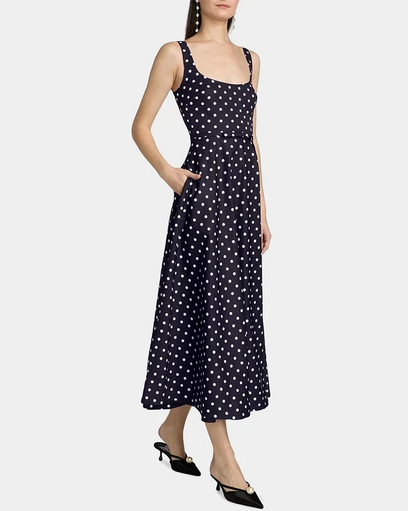 Noblessine Silk Polka Dot A Line Midi Dress