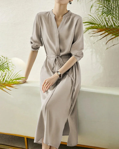 Noblessine 30 Momme Silk Drawstring Midi Shirt Dress