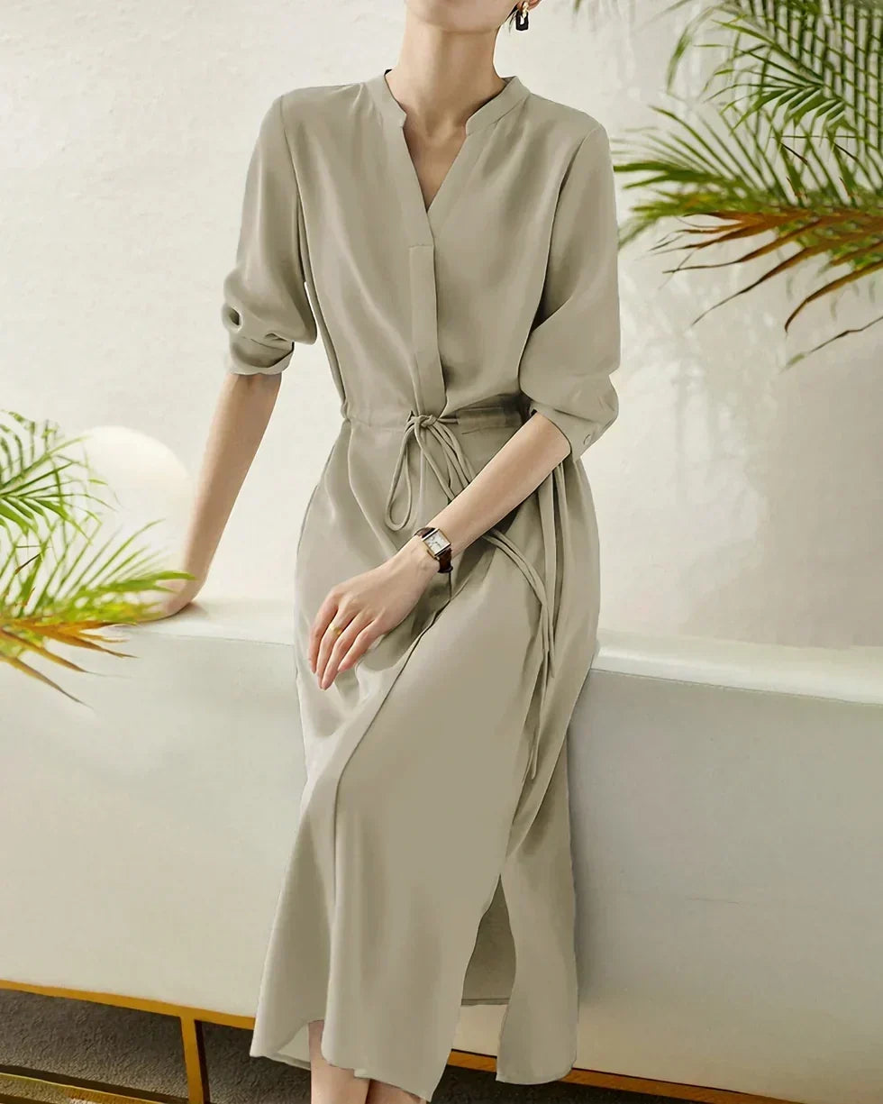 Noblessine 30 Momme Silk Drawstring Midi Shirt Dress
