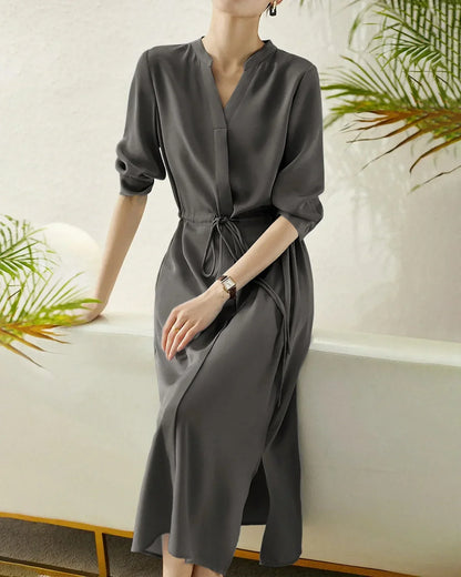 Noblessine 30 Momme Silk Drawstring Midi Shirt Dress