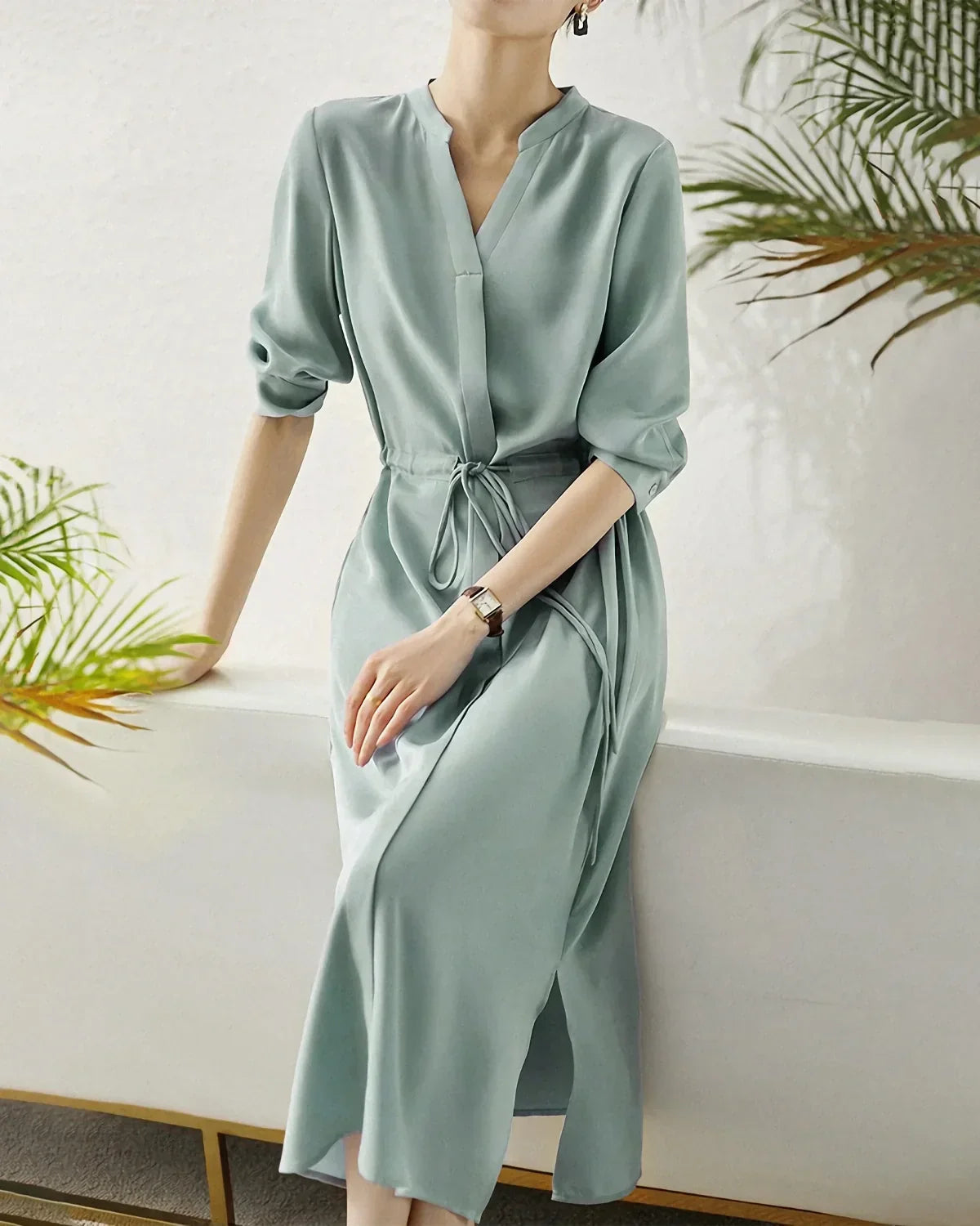 Noblessine 30 Momme Silk Drawstring Midi Shirt Dress