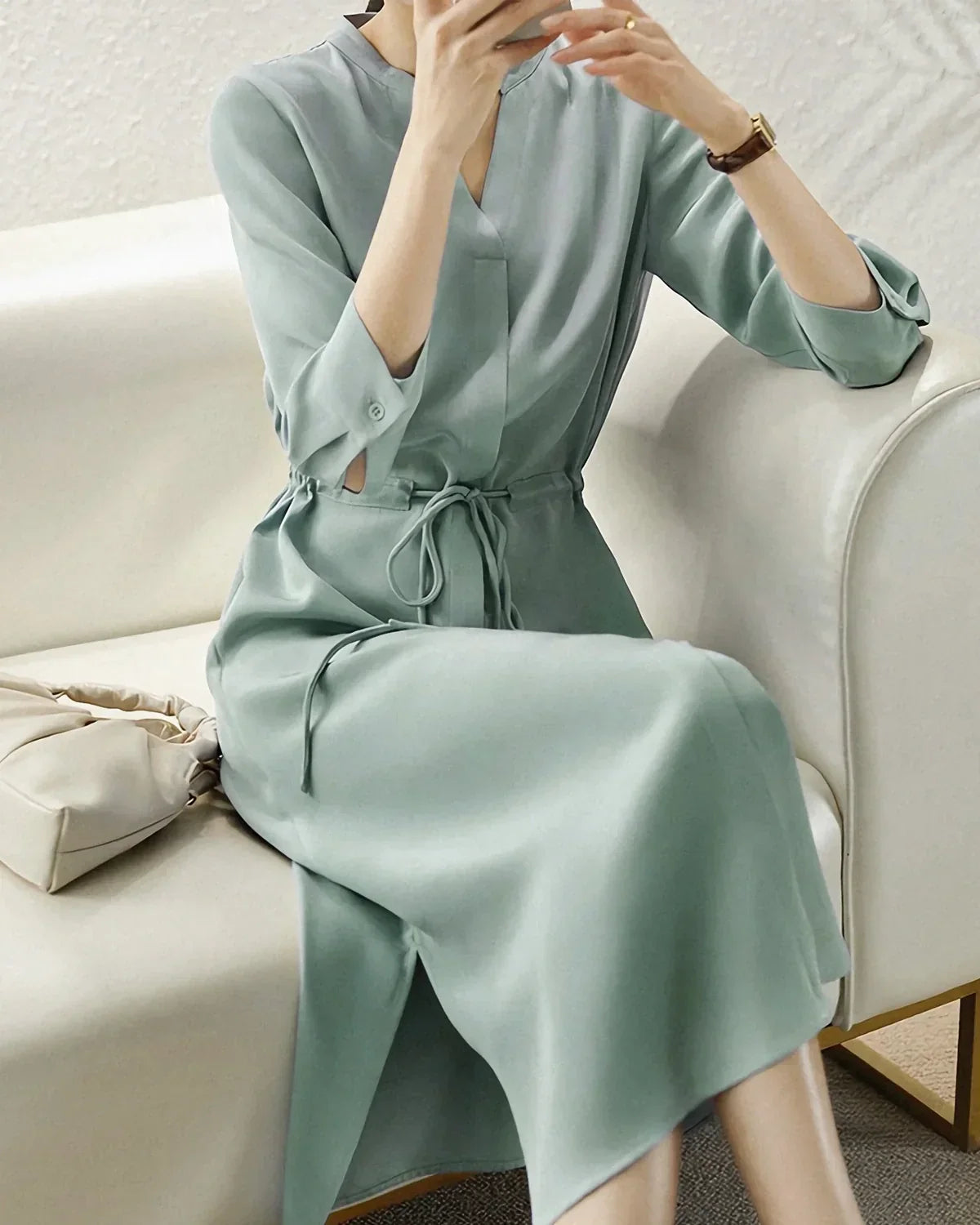 Noblessine 30 Momme Silk Drawstring Midi Shirt Dress