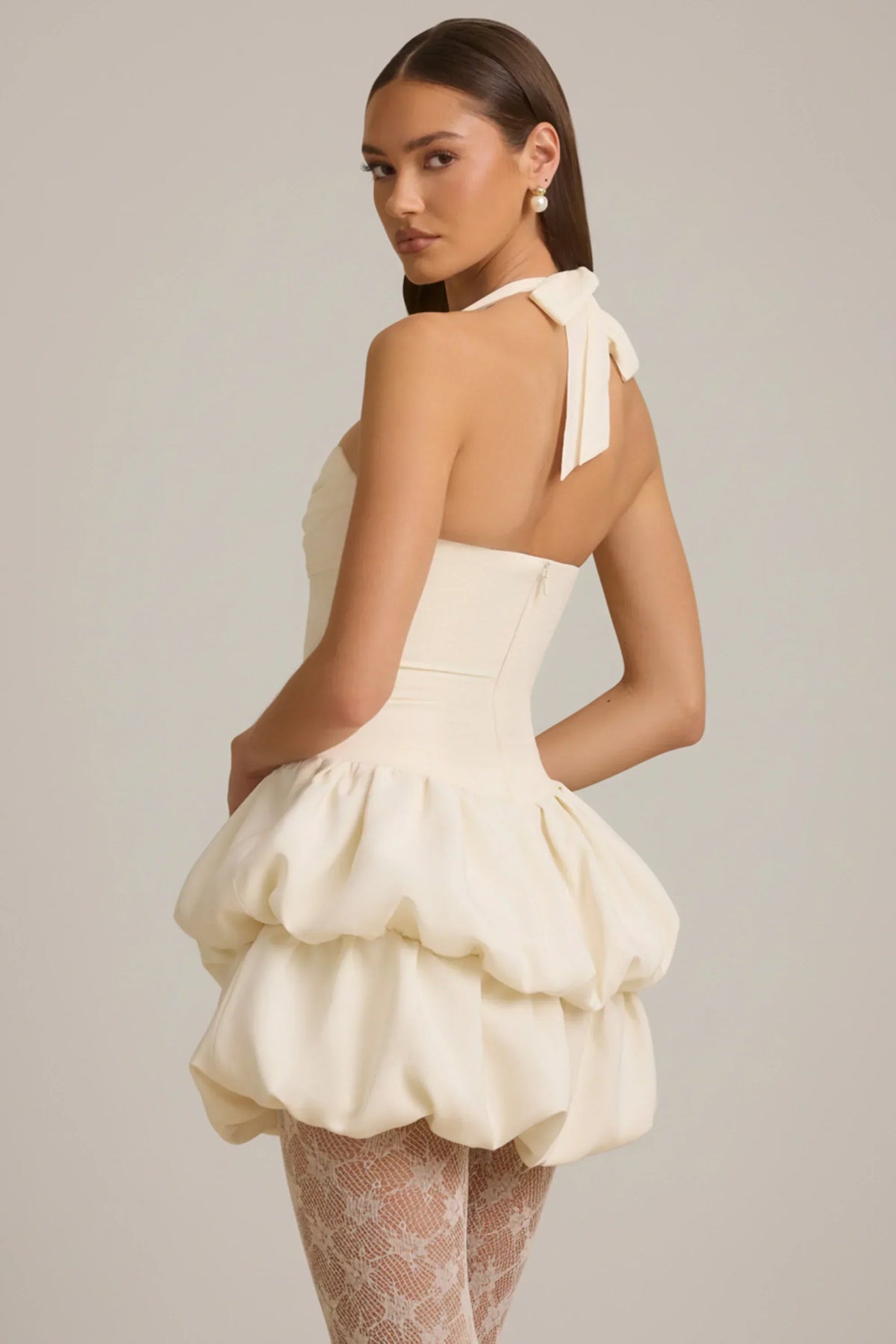 Noblessine Halterneck Layered Bubble Hem Corset Mini Dress in Ivory