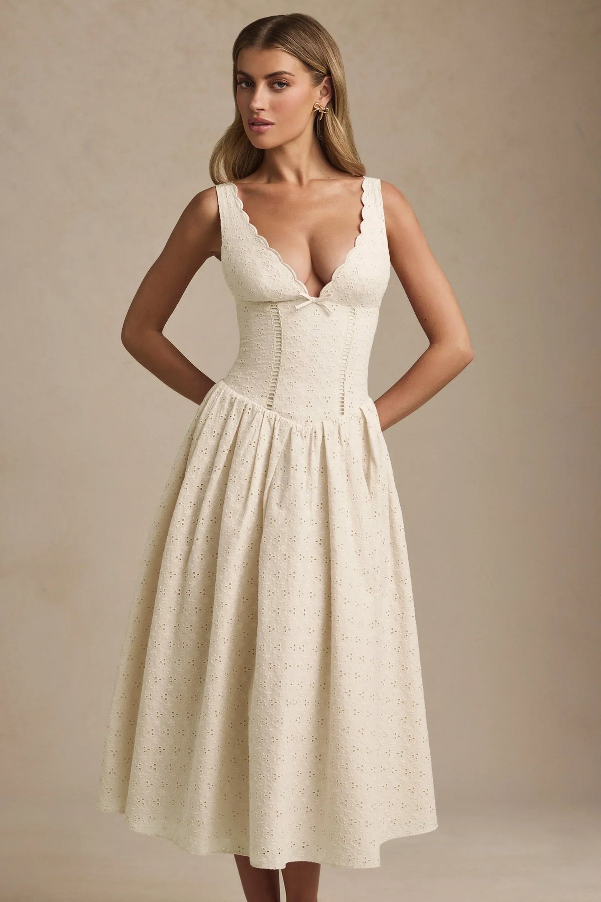 Noblessine Broderie Anglaise Bow-Detail A-Line Midaxi Dress in Ivory