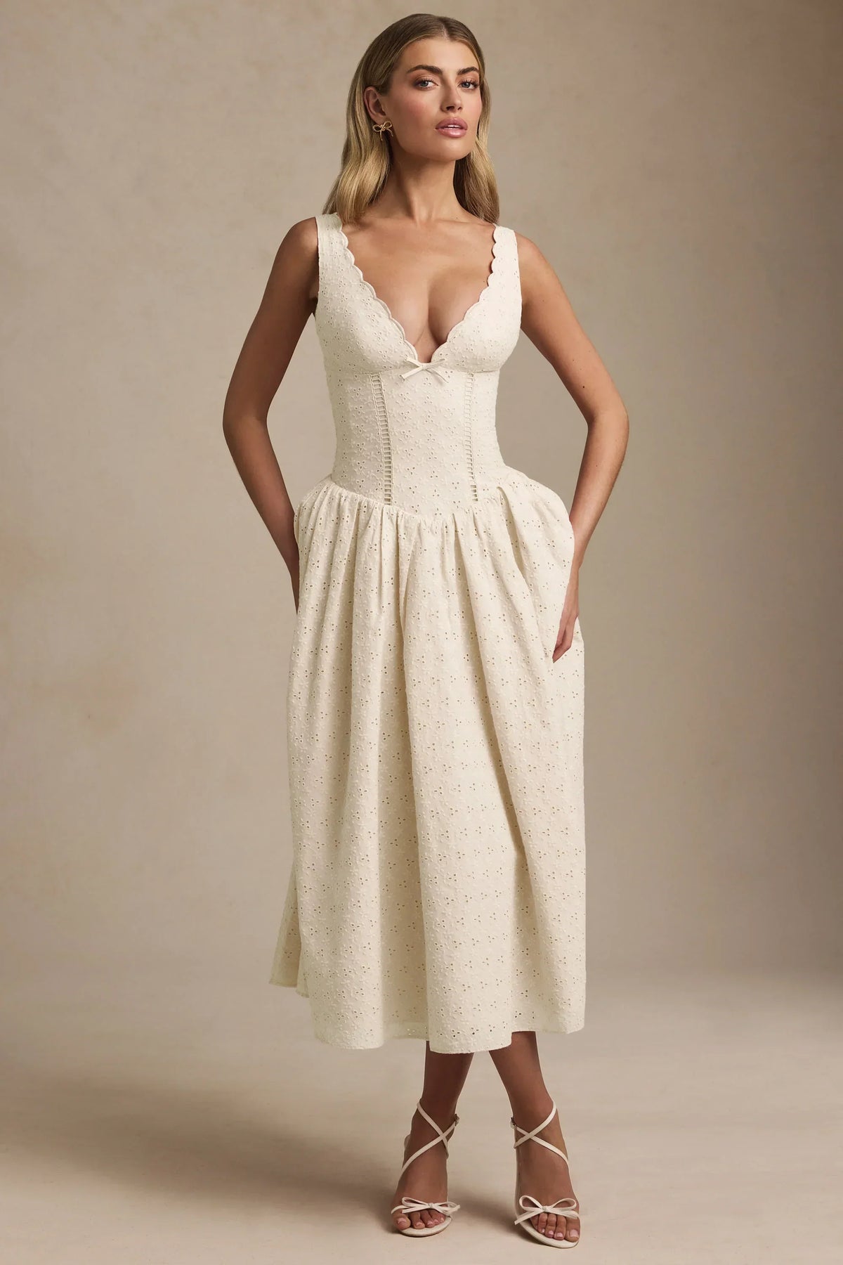 Noblessine Broderie Anglaise Bow-Detail A-Line Midaxi Dress in Ivory