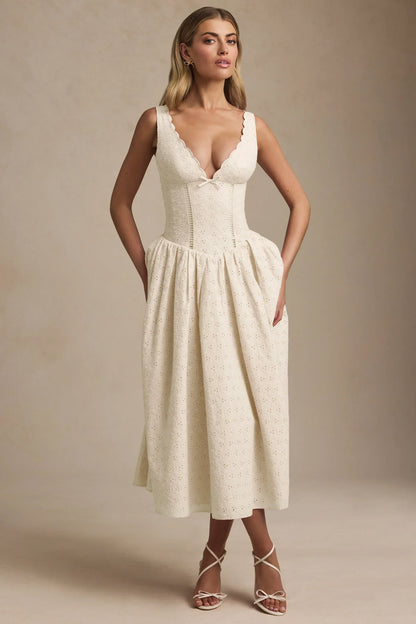 Noblessine Broderie Anglaise Bow-Detail A-Line Midaxi Dress in Ivory