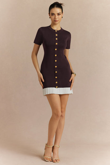 Noblessine Contrast Round Neck Metallic Button Short Sleeve Mini Dress