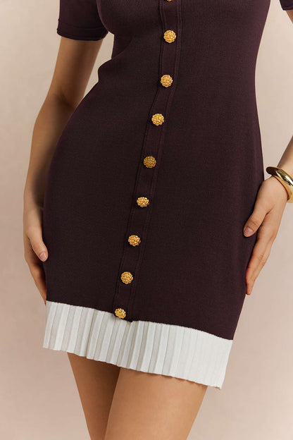 Noblessine Contrast Round Neck Metallic Button Short Sleeve Mini Dress