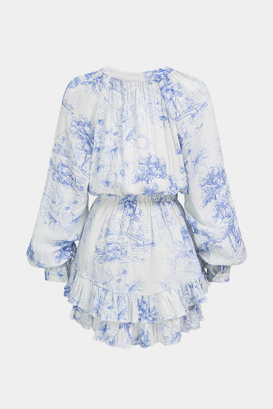 Noblessine Floral Print V-Neck Ruffle Hem Long Sleeve Mini Dress