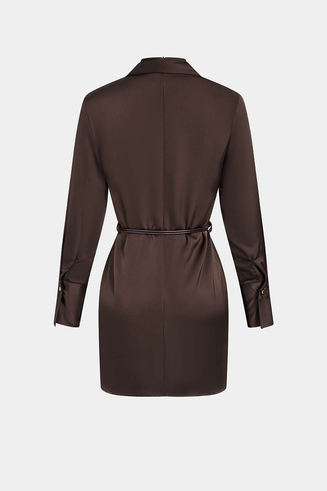 Noblessine Satin Stand Collar Belted Long Sleeve Mini Dress