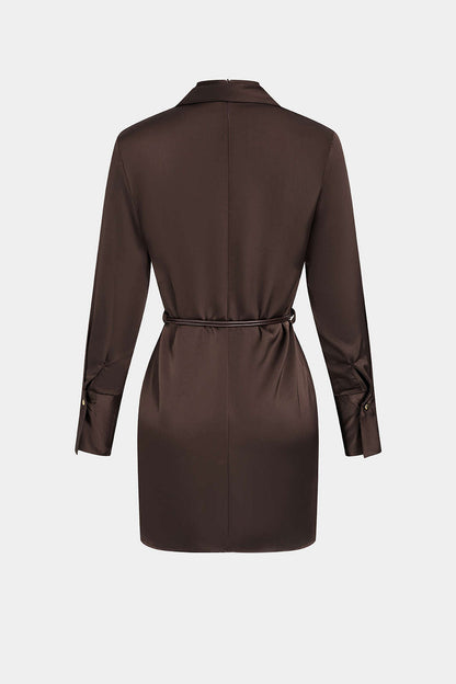 Noblessine Satin Stand Collar Belted Long Sleeve Mini Dress