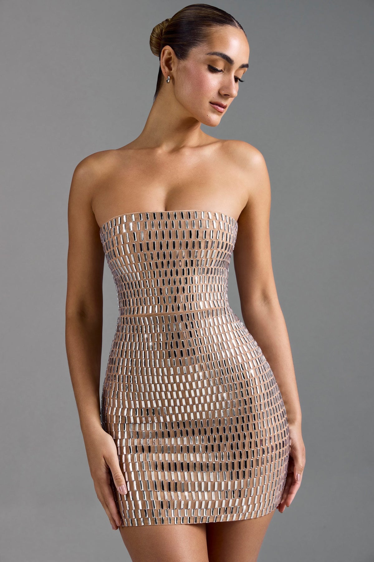 Noblessine Bandeau Mini Dress in Almond