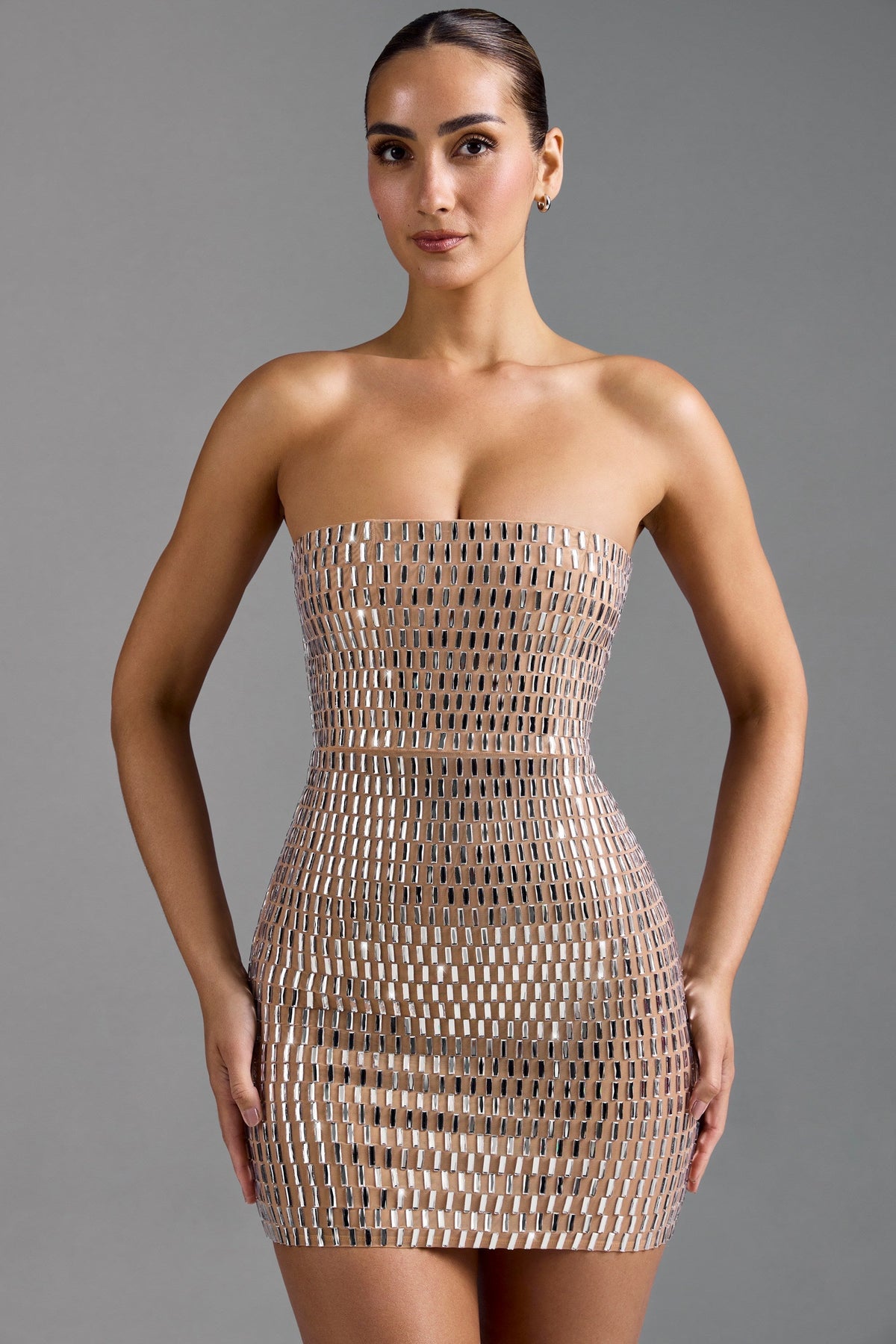 Noblessine Bandeau Mini Dress in Almond