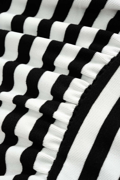 Noblessine Stripes Print Bell Long-Sleeve Top And Mini Skirt Set