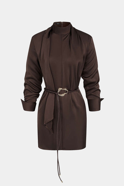 Noblessine Satin Stand Collar Belted Long Sleeve Mini Dress