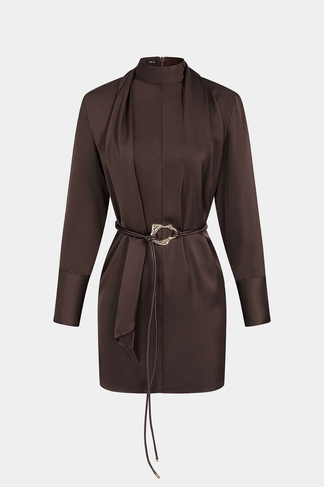 Noblessine Satin Stand Collar Belted Long Sleeve Mini Dress