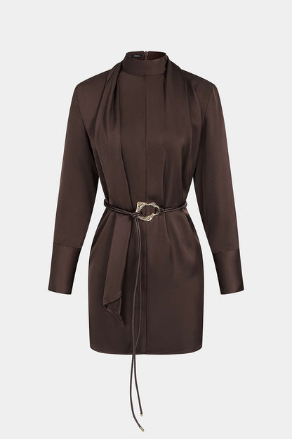 Noblessine Satin Stand Collar Belted Long Sleeve Mini Dress