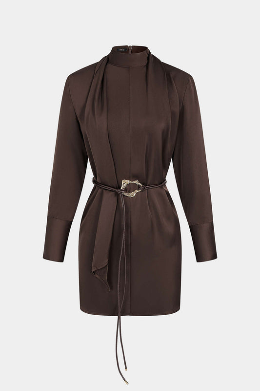 Noblessine Satin Stand Collar Belted Long Sleeve Mini Dress