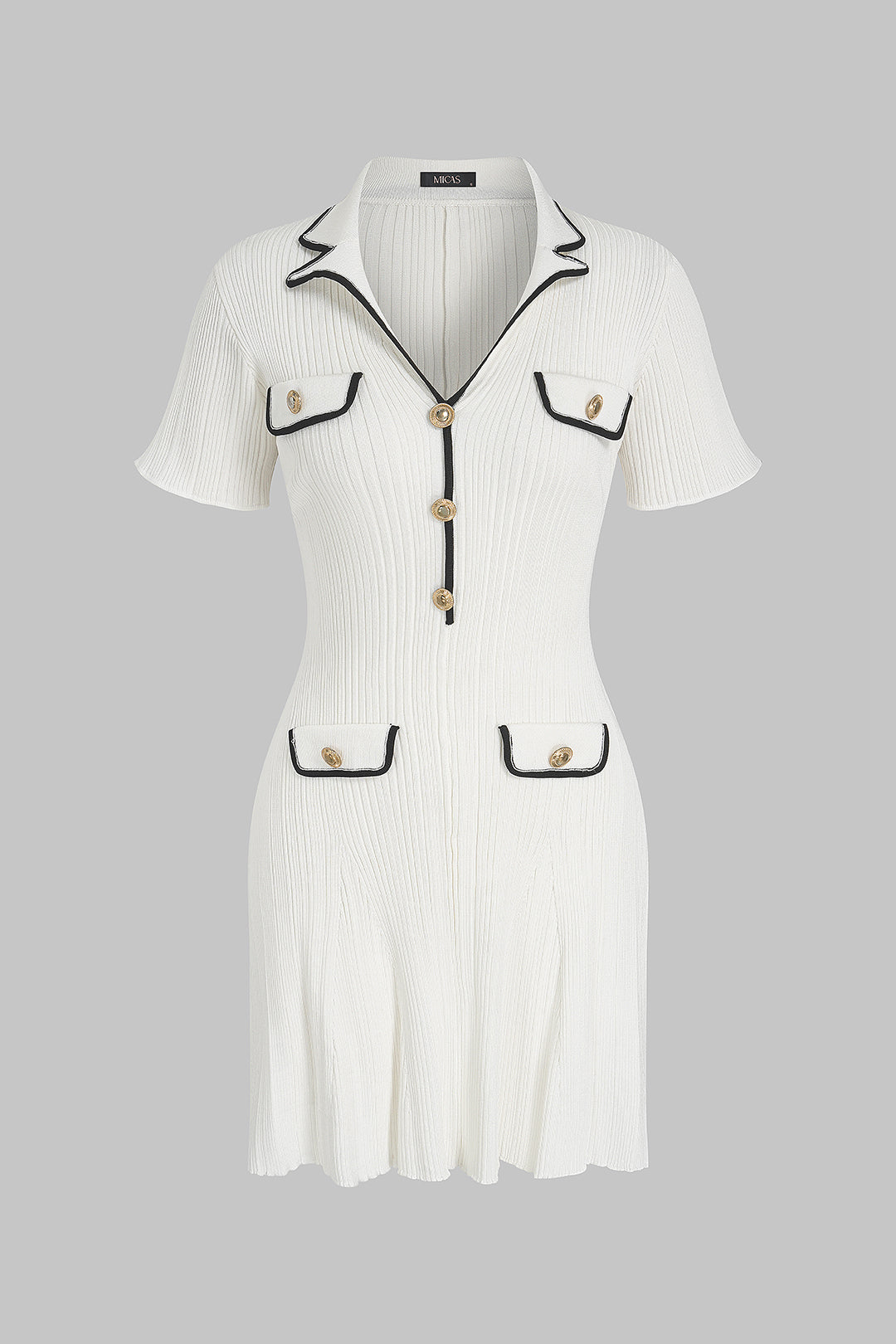 Noblessine Knit Contrast Trim Metallic Button Short Sleeve Mini Dress