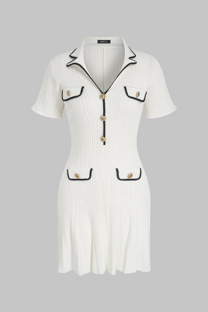 Noblessine Knit Contrast Trim Metallic Button Short Sleeve Mini Dress